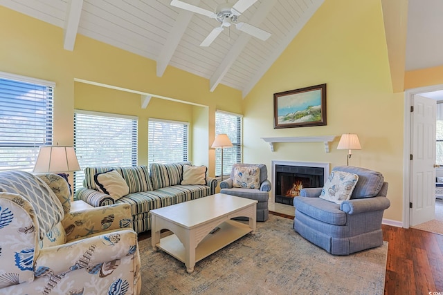 living room with hardwood / wood-style floors, a healthy amount of sunlight, ceiling fan, beam ceiling, and wood ceiling