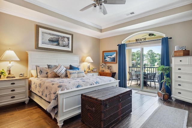 bedroom featuring access to exterior, visible vents, crown molding, a ceiling fan, and dark wood-style flooring