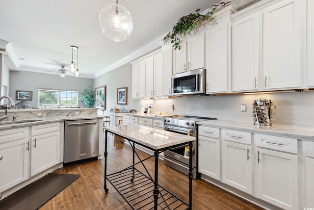 kitchen featuring ornamental molding, white cabinetry, stainless steel appliances, and a sink