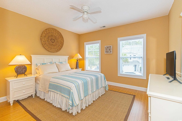 bedroom with ceiling fan and light wood-type flooring