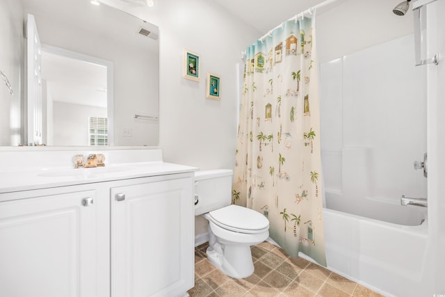 full bathroom with vanity, toilet, and shower / bathtub combination with curtain