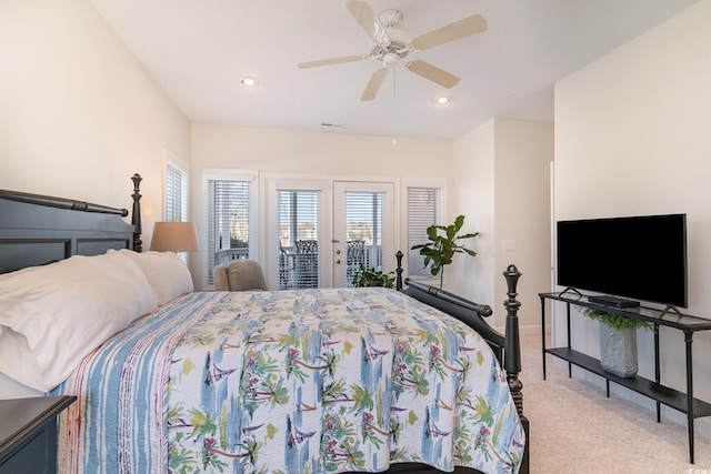 bedroom featuring access to outside, light colored carpet, and ceiling fan