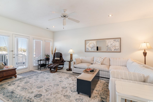 living room featuring ceiling fan