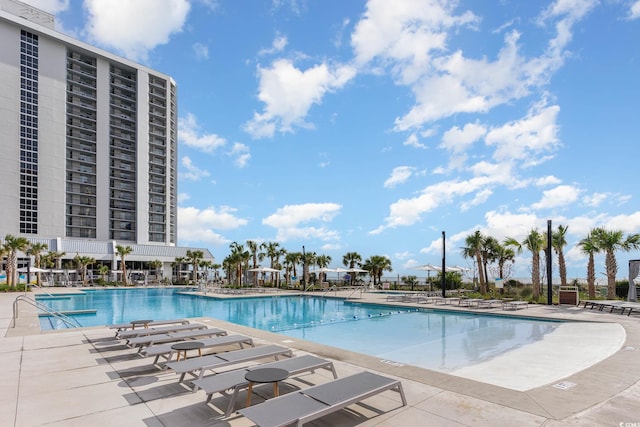 view of swimming pool with a patio area