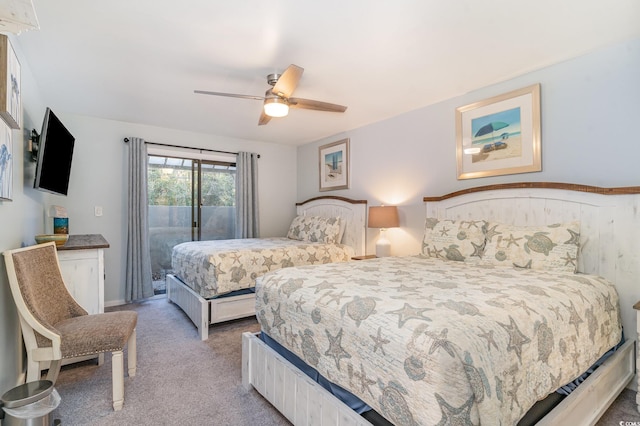 bedroom featuring carpet flooring, ceiling fan, and access to outside