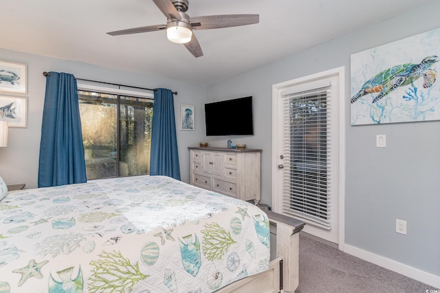 carpeted bedroom featuring access to outside and ceiling fan