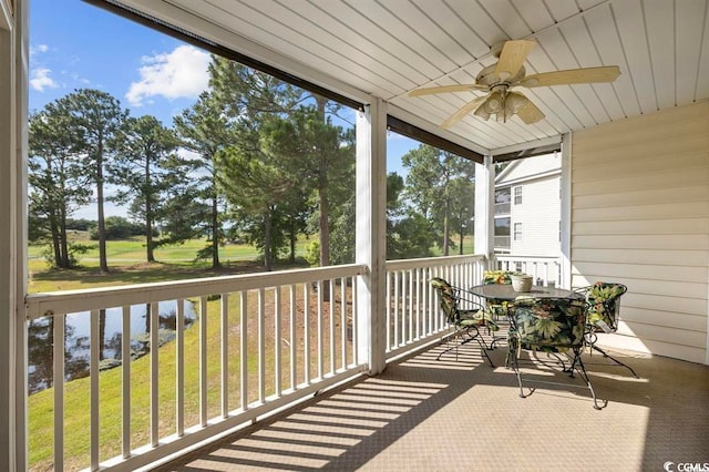 sunroom / solarium featuring a ceiling fan and wood ceiling