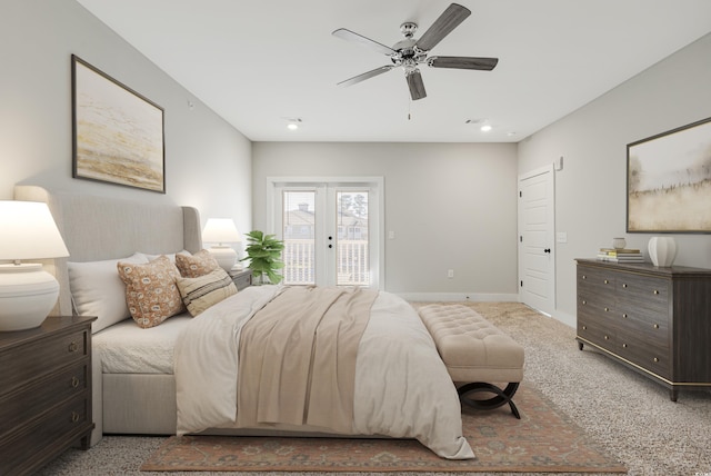 bedroom featuring ceiling fan, access to exterior, light carpet, and french doors