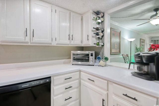 kitchen with a textured ceiling, black dishwasher, white cabinetry, and crown molding