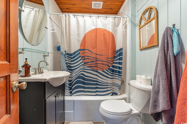 full bathroom with shower / bath combo with shower curtain, vanity, toilet, and wooden ceiling