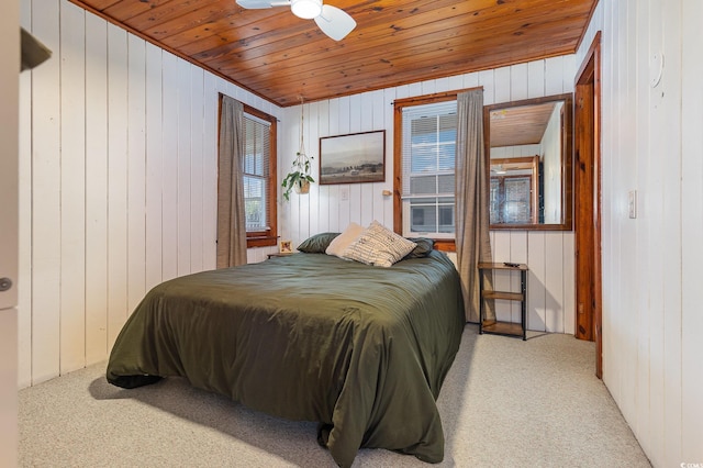 bedroom featuring ceiling fan and wood walls