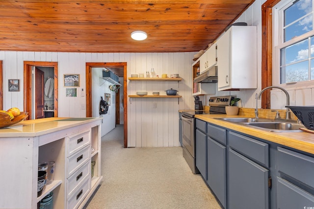 kitchen featuring wooden ceiling, white cabinetry, stainless steel electric stove, and wooden walls