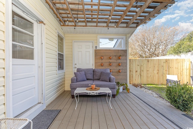 deck featuring outdoor lounge area and a pergola