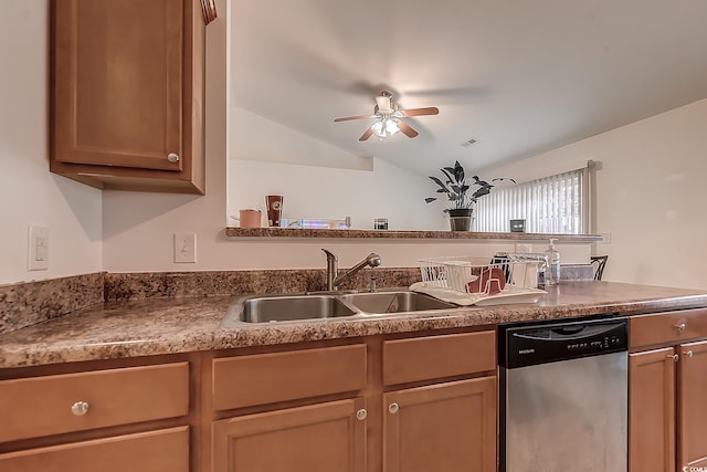 kitchen featuring stainless steel dishwasher, ceiling fan, vaulted ceiling, and sink