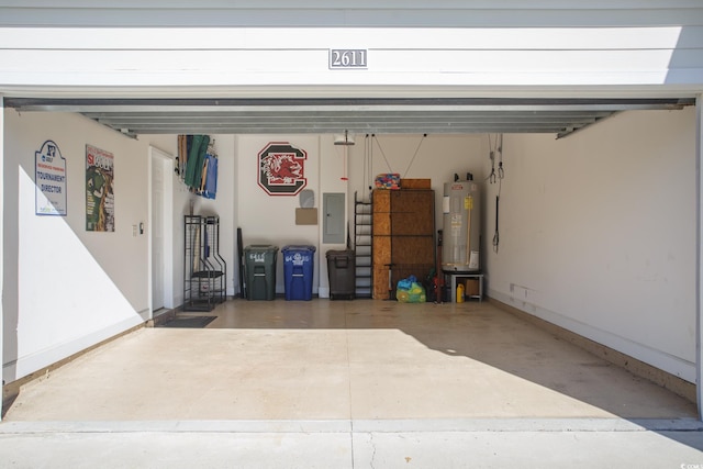 garage with water heater and electric panel