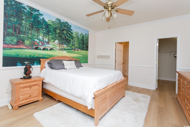 bedroom featuring light hardwood / wood-style floors, a closet, crown molding, a walk in closet, and ceiling fan