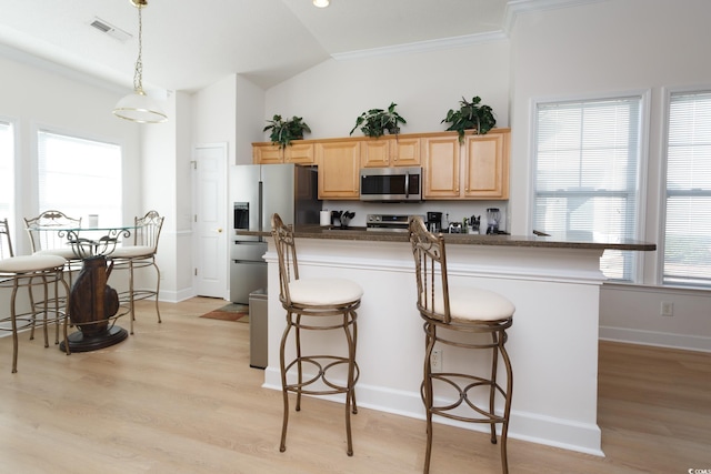 kitchen with a breakfast bar area, hanging light fixtures, stainless steel appliances, light wood-type flooring, and light brown cabinets