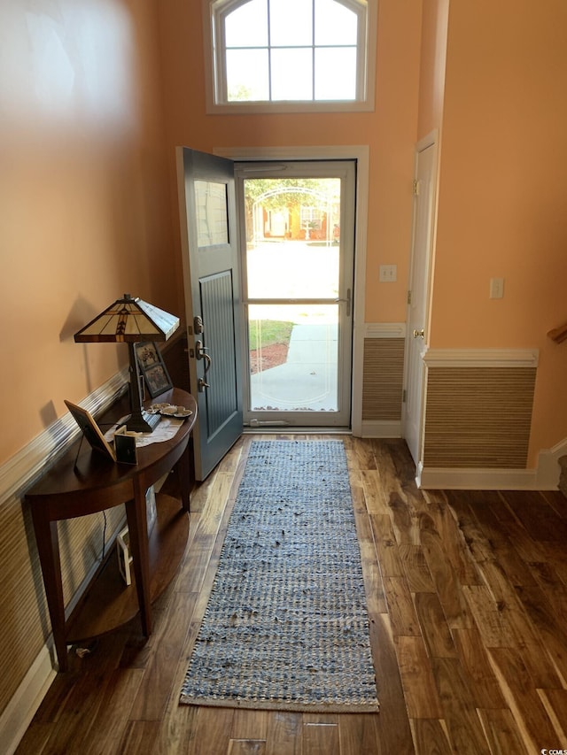 entryway with dark hardwood / wood-style flooring and a high ceiling