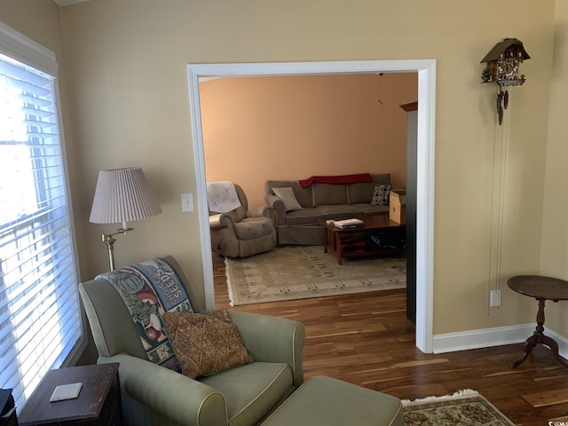 living room with dark hardwood / wood-style floors