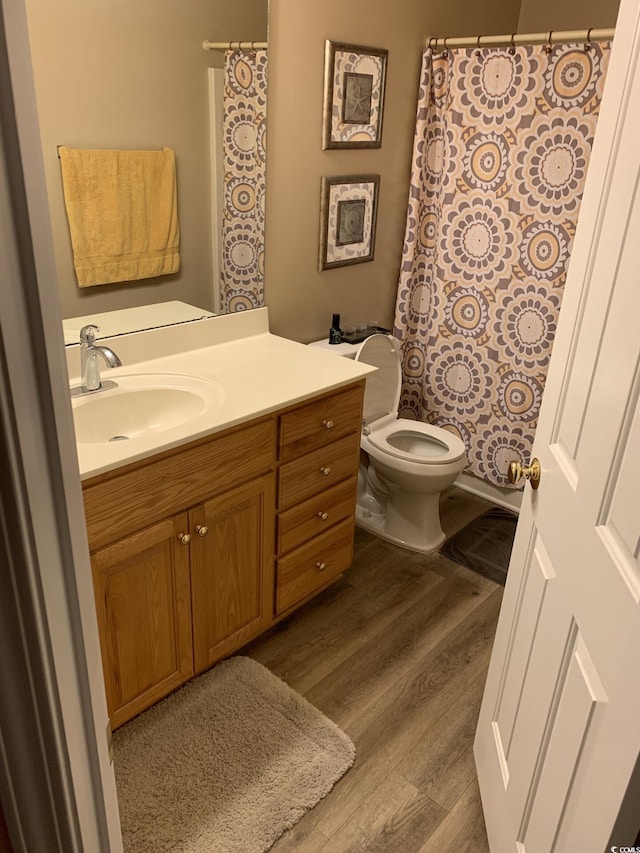 bathroom featuring hardwood / wood-style floors, vanity, and toilet