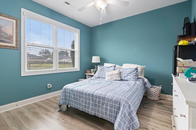 bedroom featuring ceiling fan and light wood-type flooring