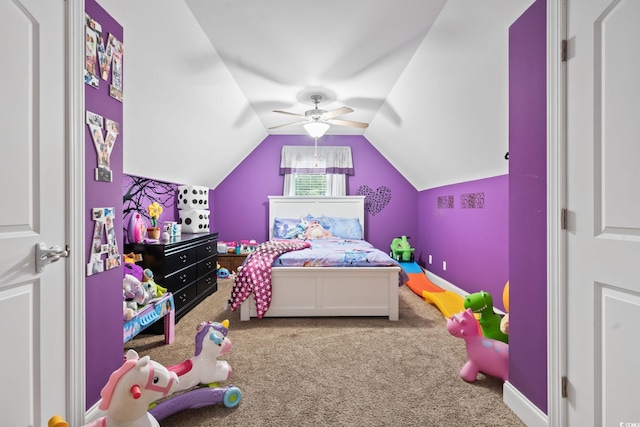 carpeted bedroom featuring ceiling fan and lofted ceiling