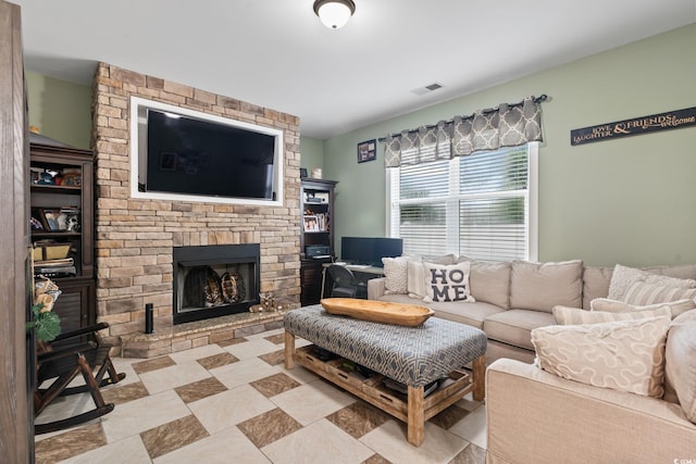 living room with a fireplace