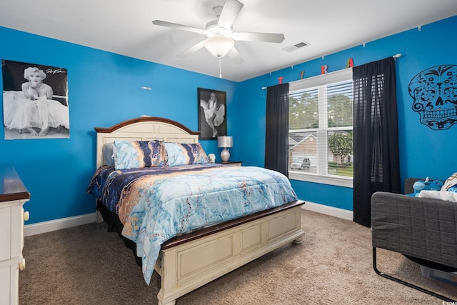 bedroom featuring ceiling fan and light colored carpet