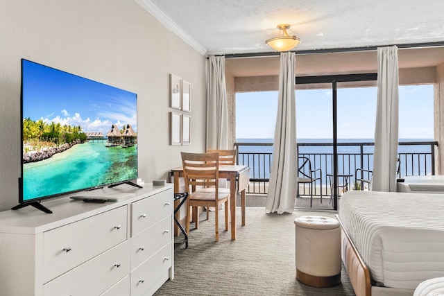 bedroom with access to outside, a water view, carpet flooring, ornamental molding, and a textured ceiling