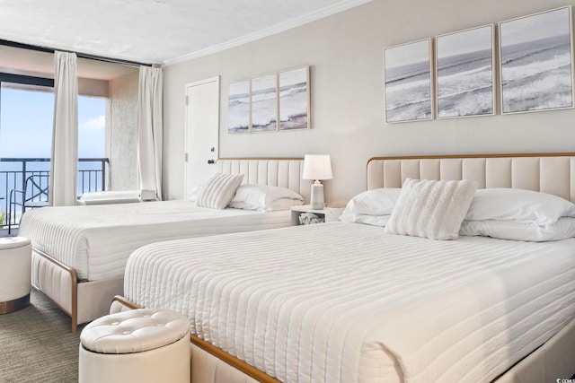 bedroom featuring carpet, access to exterior, and ornamental molding