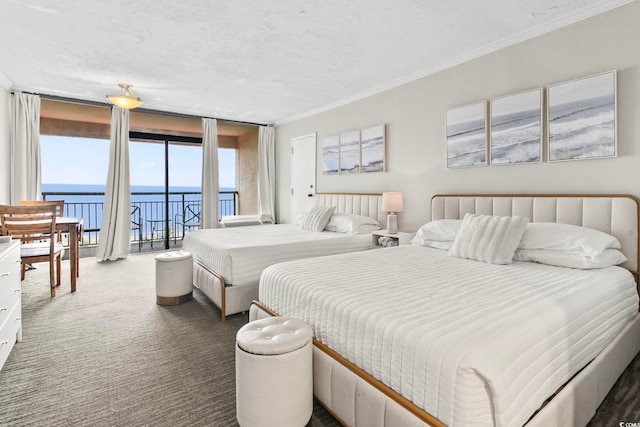 carpeted bedroom with expansive windows, a water view, crown molding, access to exterior, and a textured ceiling