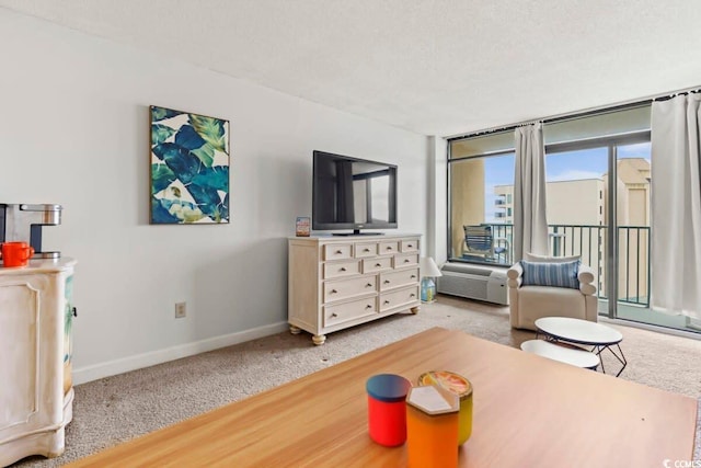 carpeted bedroom featuring access to exterior and a textured ceiling