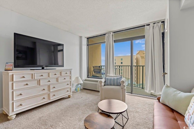 carpeted living room with a textured ceiling and a wall of windows