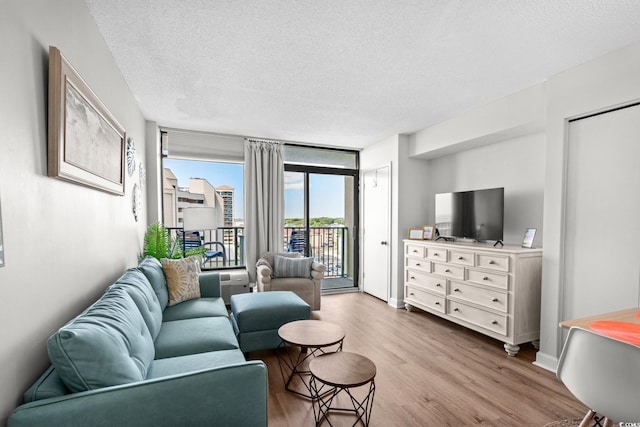 501 S Ocean Blvd Unit 708, North Myrtle Beach, SC 29582 - living area with a textured ceiling, wood finished floors, a wall of windows, and baseboards