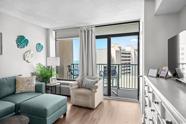 501 S Ocean Blvd Unit 708, North Myrtle Beach, SC 29582 - living room with light wood finished floors, floor to ceiling windows, and a textured ceiling