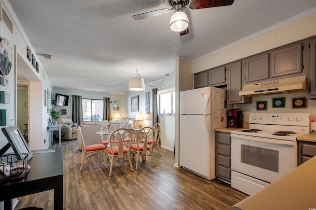 kitchen featuring a textured ceiling, dark wood-type flooring, white appliances, and ornamental molding