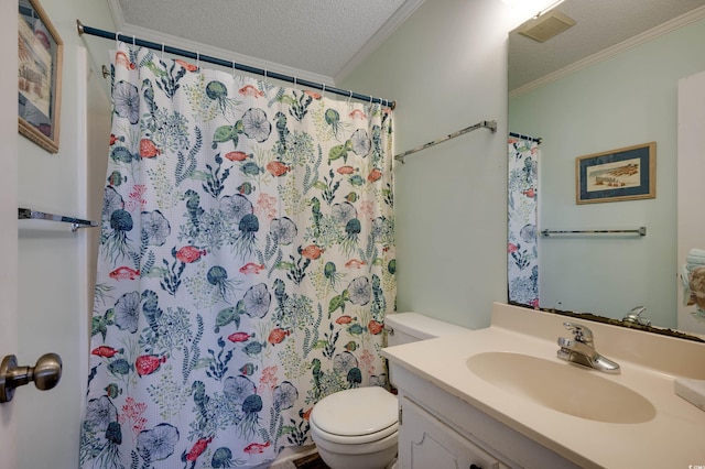 bathroom featuring vanity, crown molding, toilet, a textured ceiling, and curtained shower