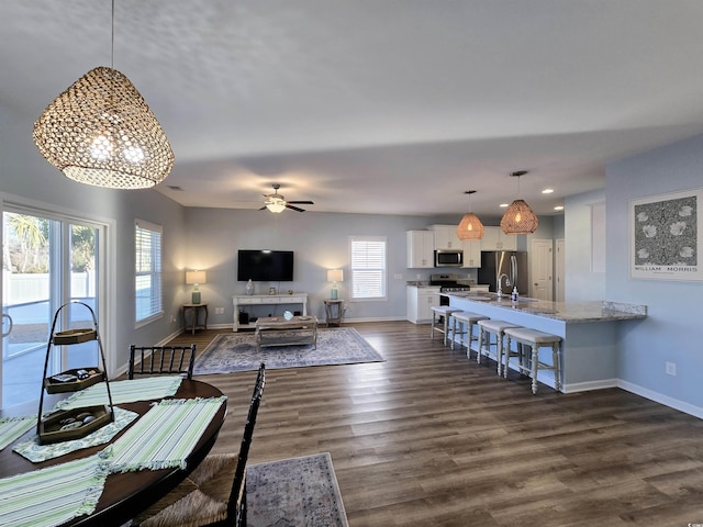 living room featuring ceiling fan, plenty of natural light, dark hardwood / wood-style floors, and sink