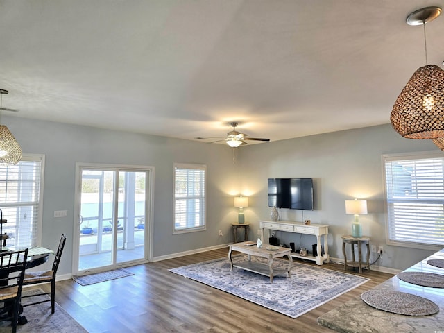 living room with hardwood / wood-style flooring and ceiling fan