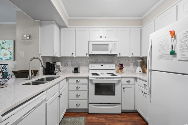 kitchen featuring white cabinets, white appliances, ornamental molding, and sink