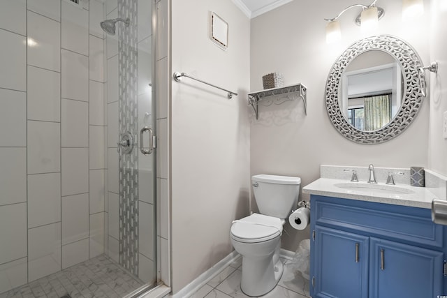 bathroom featuring walk in shower, toilet, vanity, and ornamental molding