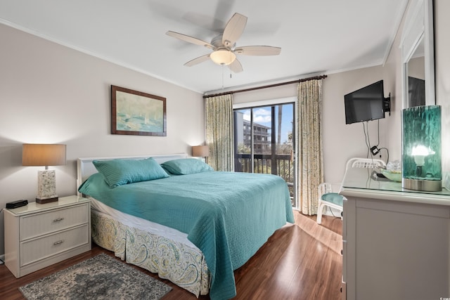 bedroom featuring access to exterior, ceiling fan, dark hardwood / wood-style floors, and ornamental molding