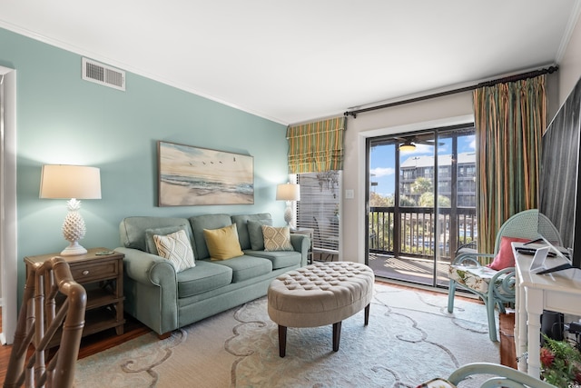 living room with crown molding