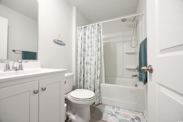 full bathroom with toilet, shower / tub combo, vanity, and tile patterned floors