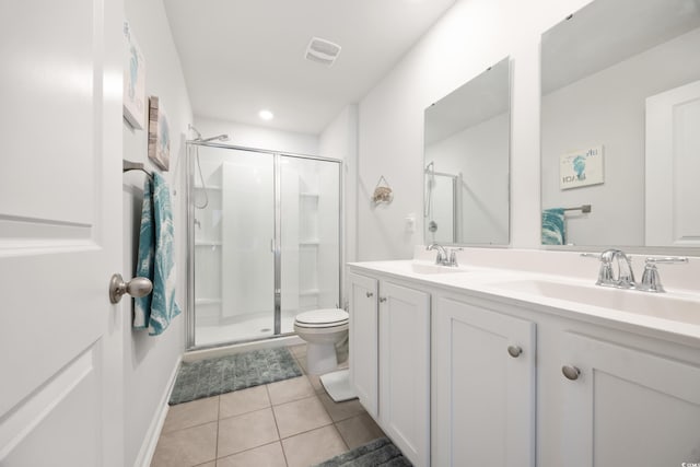 bathroom with tile patterned flooring, vanity, toilet, and walk in shower