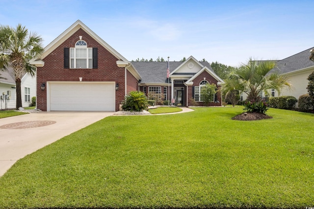 view of front of property with a front yard and a garage