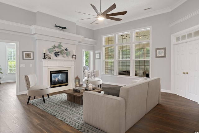 living room featuring ceiling fan, crown molding, and dark wood-type flooring