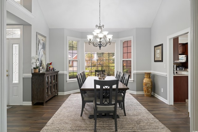 dining room featuring dark wood-type flooring, a chandelier, and plenty of natural light