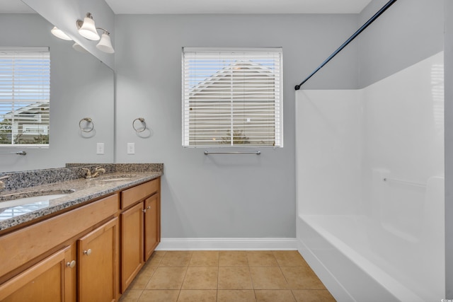 bathroom with tile patterned flooring, vanity, a healthy amount of sunlight, and shower / tub combination