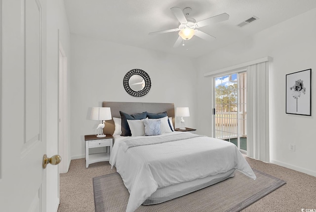 bedroom featuring access to exterior, carpet flooring, and ceiling fan